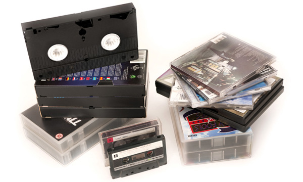 Video and audio cassette tapes, DVDs and CDs