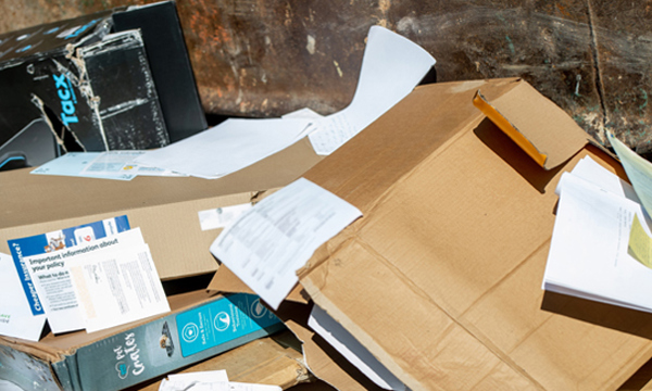 Cardboard and paper in a container at a recycling centre.