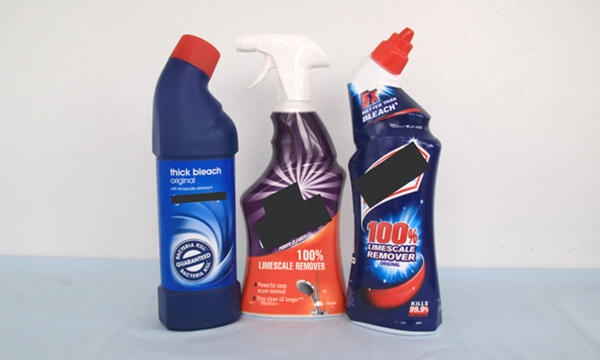 3 bottles of hazardous household chemicals.