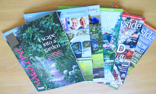 6 magazines fanned out on a table.
