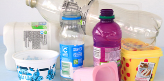 Plastic bottles, a yoghurt pot and other plastic containers.