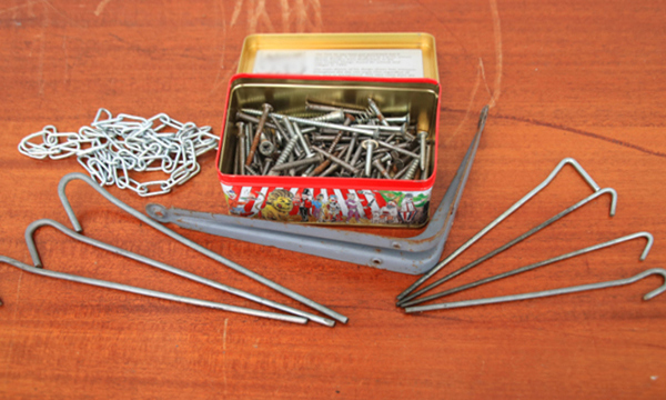 Items of scrap metal on a table.