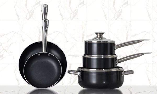 3 saucepans and 2 frying pans.