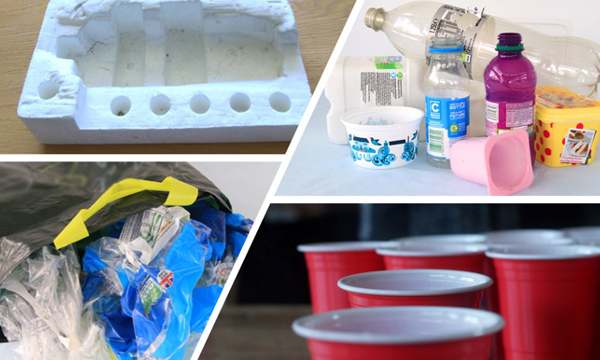 Various items of plastic, including bags and bottles in a collage.