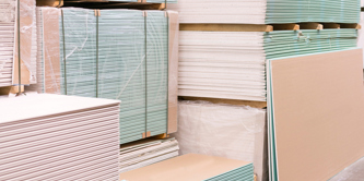 Stacks of plasterboard.