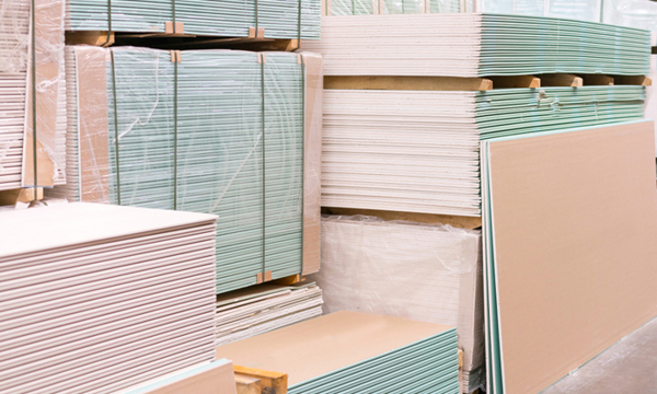 Stacks of plasterboard.