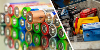 A split image, one side household batteries, the other side car batteries.