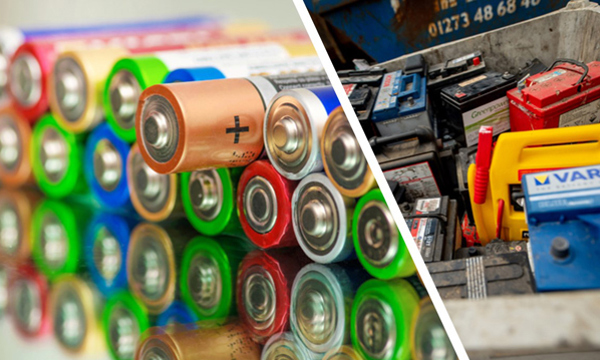 A split image, one side household batteries, the other side car batteries.
