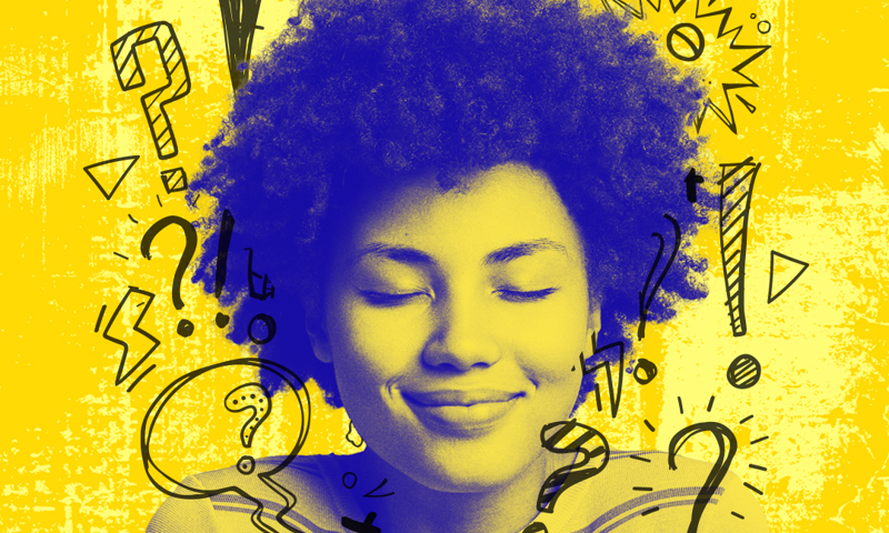 Smiling young woman taking a deep breath