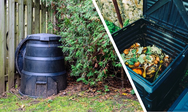 Two plastic composters - one shown full, one from a distance.