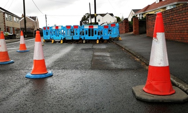 Traffic cones and barriers in a road