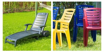 A plastic patio lounger and some plastic chairs