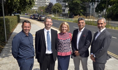 Key stakeholders gather to celebrate the Eastern Gateway project’s completion. From left, Colin Bexley, Project Manager with principal contractor VolkerFitzpatrick, Duncan Crow, County Council Cabinet Member for Community Support, Fire and Rescue, Marie Ovenden, the County Council’s Growth Programme Delivery Manager, Councillor Atif Nawaz, Cabinet Member for Planning and Economic Development at Crawley Borough Council, and Ayad Hassan from consultants WSP