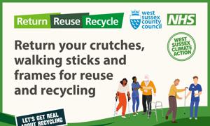 Bin sticker with illustrations of people using walking aids with the words Return. Reuse. Recycle. Return your crutches. walking sticks and frames for reuse and recycling. Let's get real about recycling week #RecyclingWeek. Includes the West Sussex County Council, NHS and West Sussex Climate Action logos.