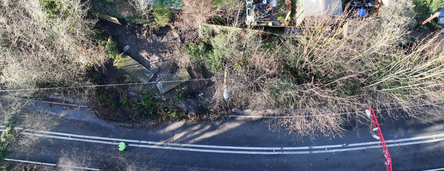Aerial photo showing landslide on A29