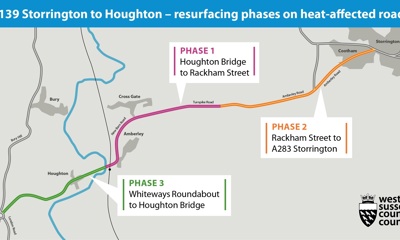 Illustrative map of the resurfacing works between Storrington and Houghton because of the July extreme heat