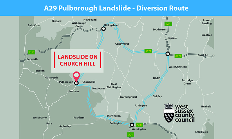 Map showing A29 Pulborough landslide diversion route
