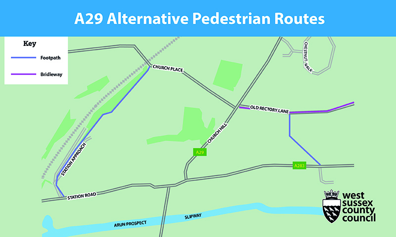 Map showing A29 alternative pedestrian routes