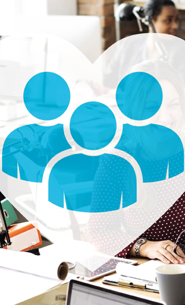A busy diverse office environment with smiling people and a graphic overlay on the image representing people.