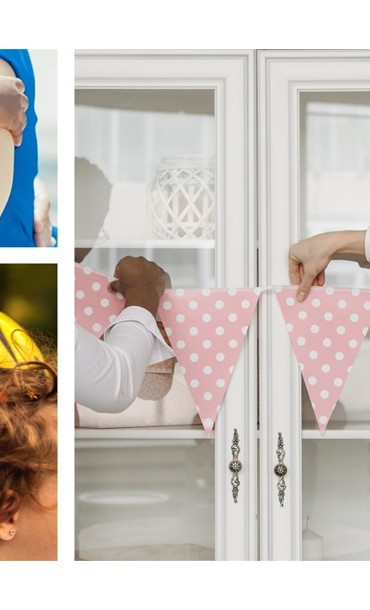 A collage of adults hugging a child, a mum holding a baby and a child with balloons.