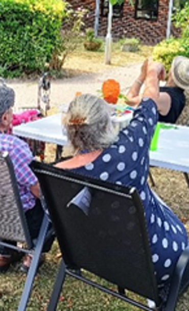 People sitting at a garden table