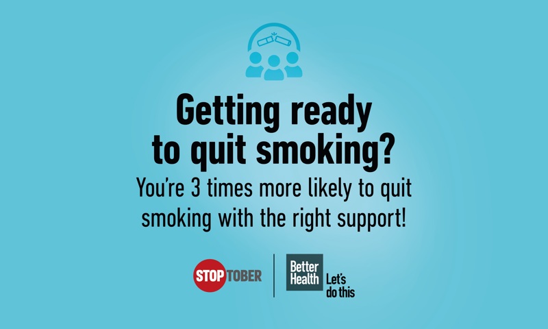 Black text on blue background. Text says "Getting ready to quit smoking? You're 3 times more likely to quit smoking with the right support!"