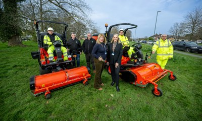 Pictured with two new cut and collect mowers, purchased with Greenprint project funding, are (from left) Grasstex Operative Adam Peacock, Grasstex Managing Director Roger Wragg and Contracts Manager Simon King, Cllr Joy Dennis, the county council’s Cabinet Member for Highways and Transport, Michele Hulme, the council’s Head of Local Highway Operations, Grasstex Grounds Manager Lukas Ozana, and Brian Lambarth, the council’s Greenprint Service Delivery Manager